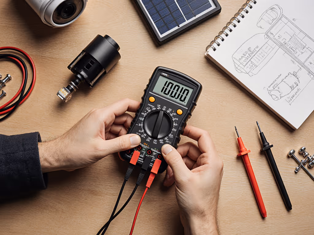 homeowner_testing_security_camera_battery_life_with_multimeter